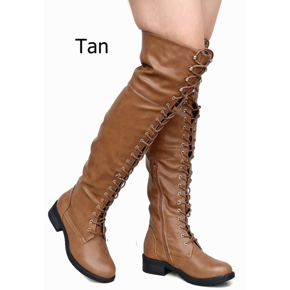 New Tan Over Knee Combat Military Lace Up Boots - Picture 1 of 3